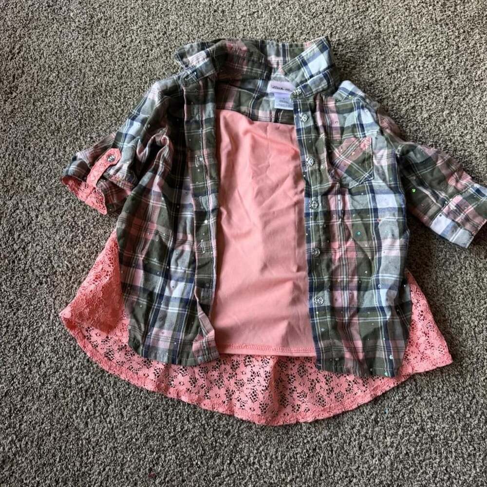 Little Lass Girls Plaid Lace Shirt Size 4T Rhinestone Buttons